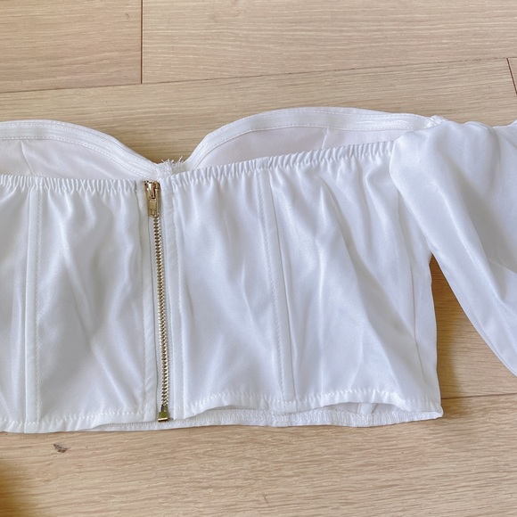 NEW Off Shoulders Long Puff Sleeve Crop Top with Boning White Satin - Picture 5 of 6